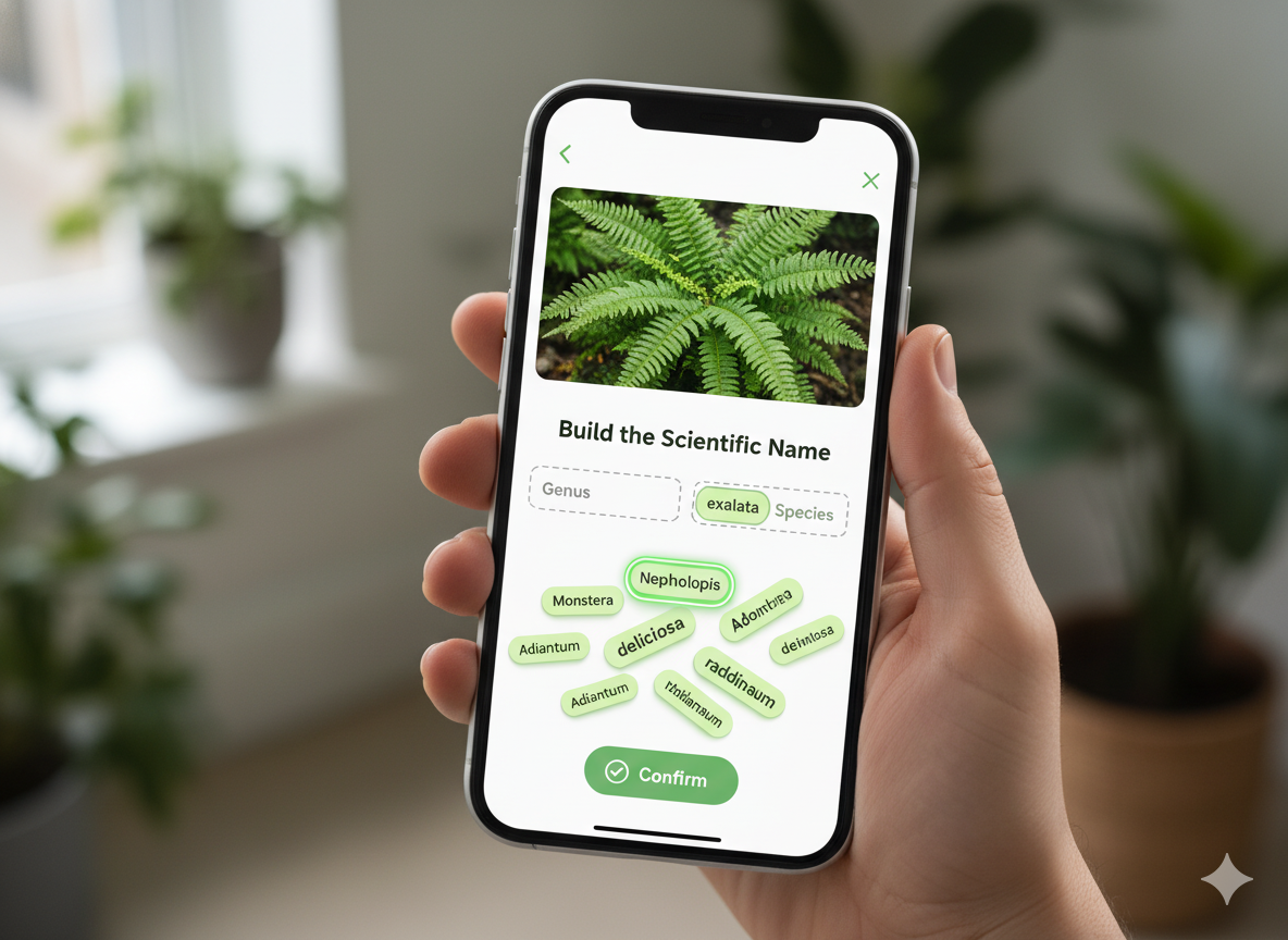 Plant Parts Challenge — Build scientific names piece by piece. Master botanical nomenclature by selecting genus and species components separately.